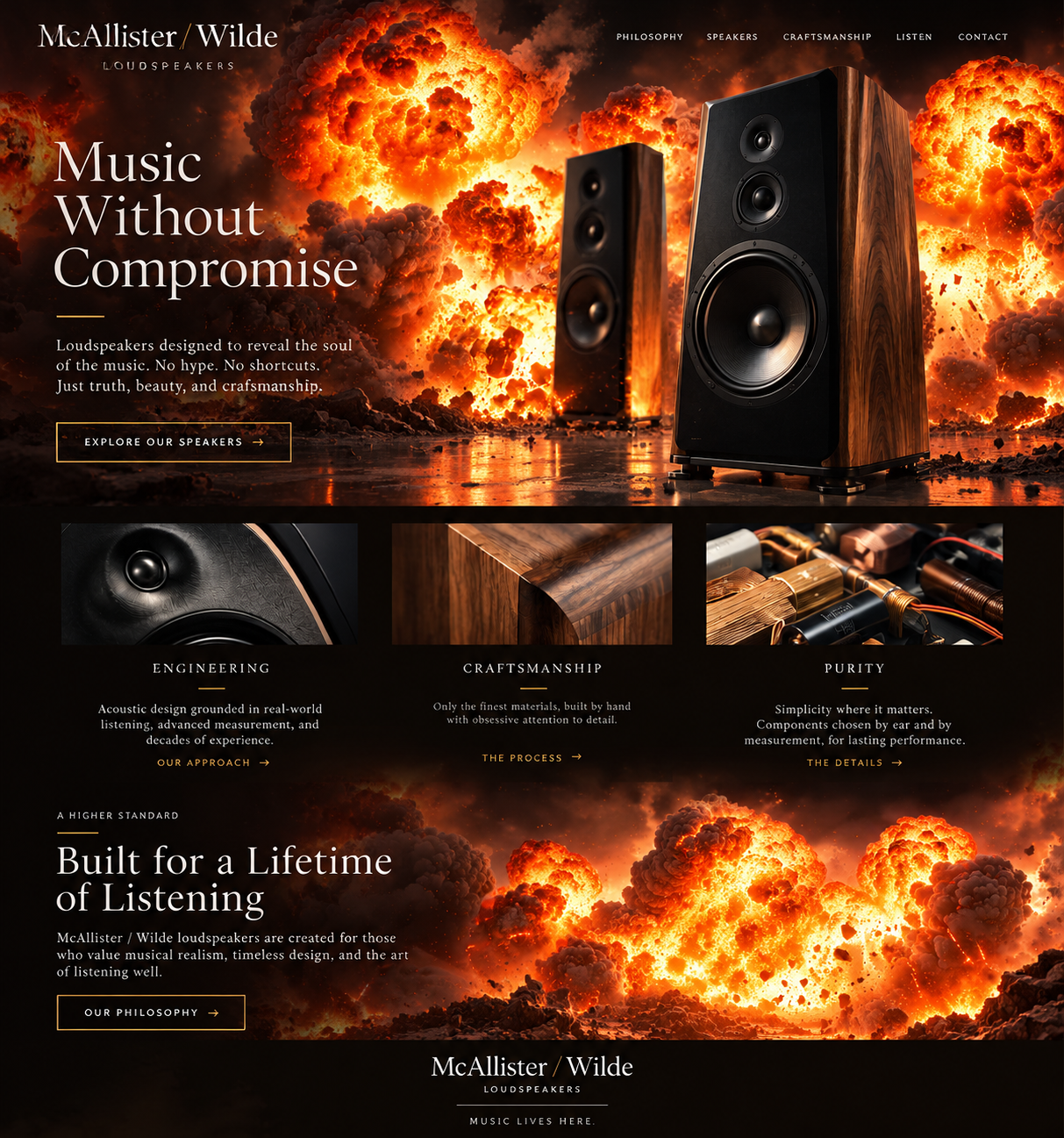 McAllister / Wilde luxury loudspeakers website preview, featuring Music Without Compromise, engineering, craftsmanship, and purity.